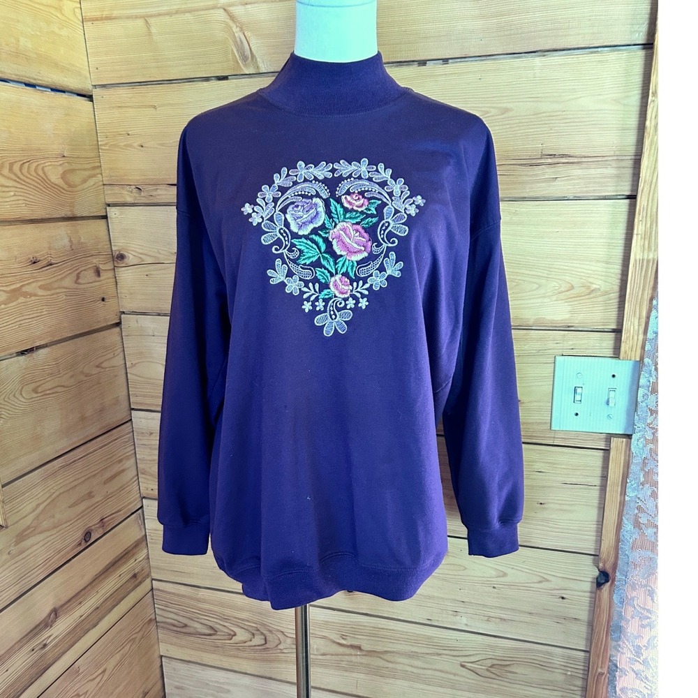 Vintage Floral Heart Mock Neck Sweatshirt Womens Large Purple Northern Spirit